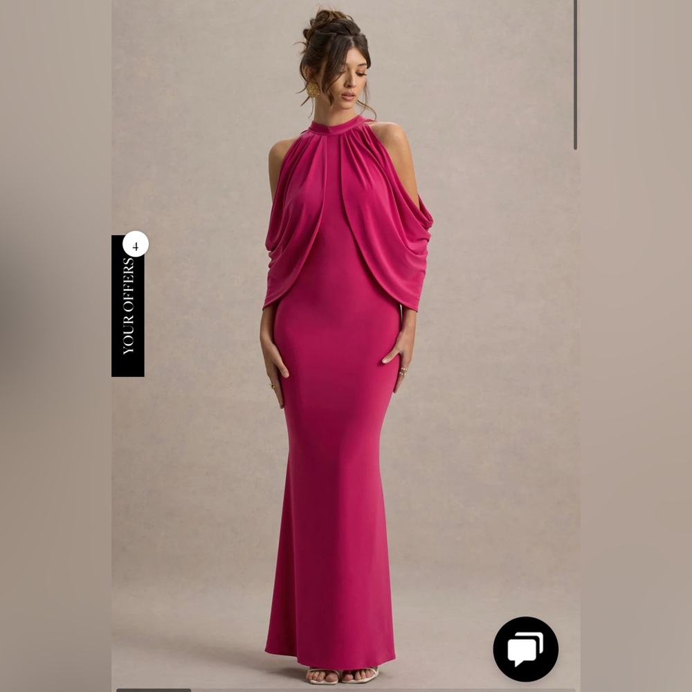 TERESA HOT PINK HIGH-NECK COLD-SHOULDER MAXI